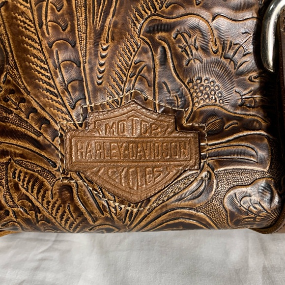 Harley-Davidson Vintage Tooled Brown Leather Shoulder Bag - Picture 2 of 8